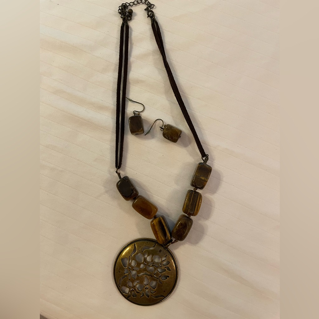Brown Necklace. Wood, Metal, Faux Leather Materials. Matching Earrings